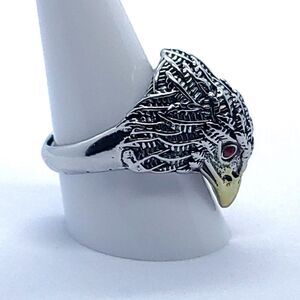 Red Eye Eagle Head Statement Ring Adjustable Silver Ravenclaw Viking Symbol